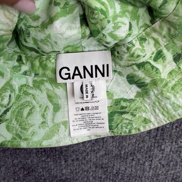 Ganni Bucket Hat XS/S Printed Cotton Poplin Bucket in Green Floral Canvas Summer